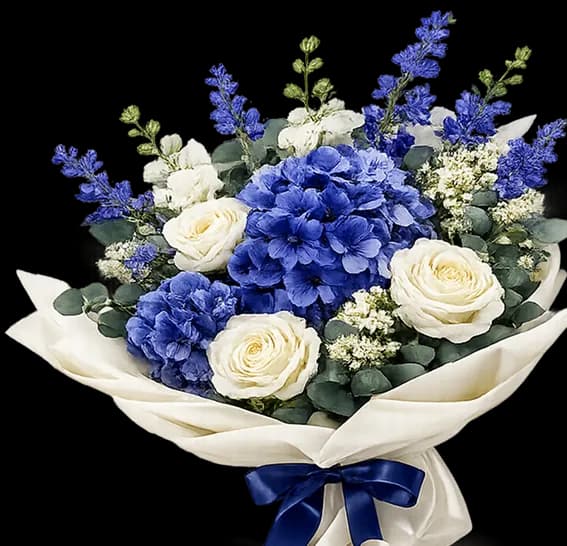 Blue and white fresh flower bouquet